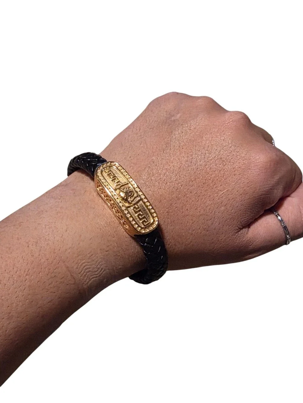 Versace Inspired Medusa Bracelet In Gold Tone With Braided Leather